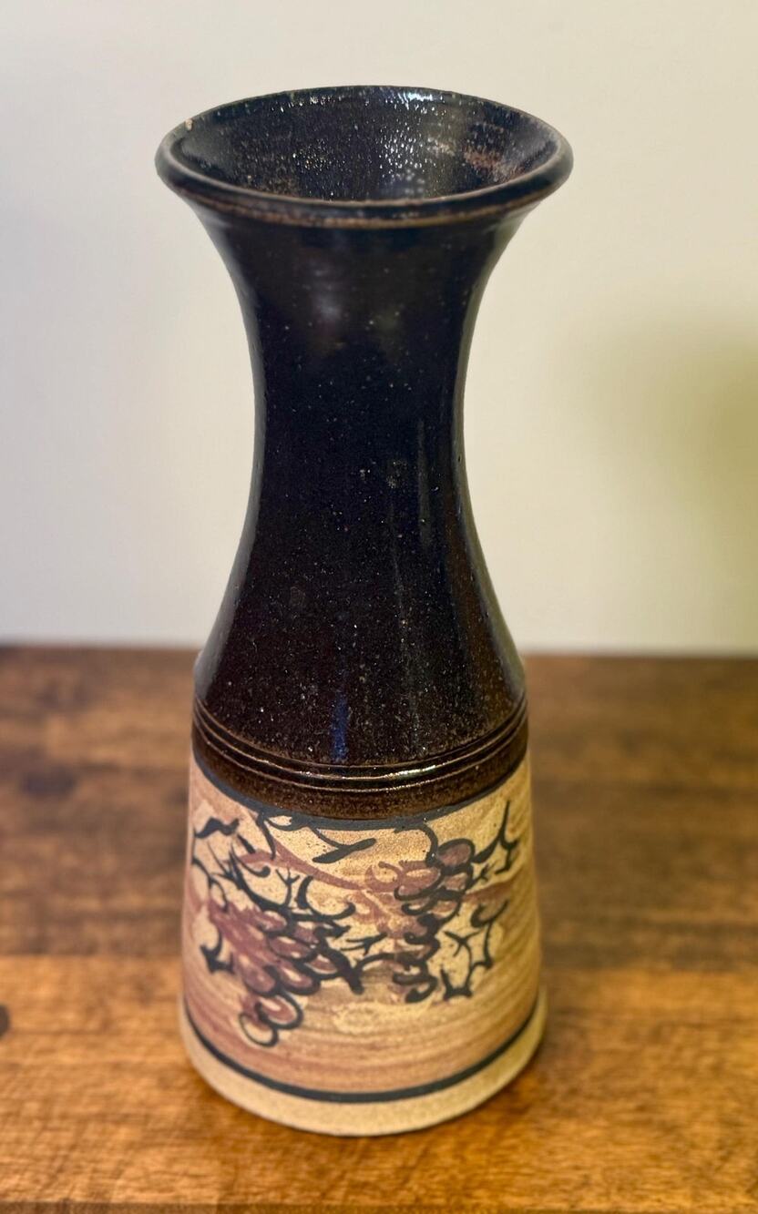 Hand-Painted Grape Vase • Signed Artisan Stoneware Pottery